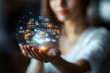 Hand of woman holding a hologram of educational reform, showcasing personalized learning paths, AI-driven tutoring, and digital classroom management tools.