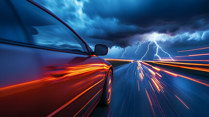 Obraz premium A car captured in motion as it speeds through a stormy landscape, with lightning flashing in the background.