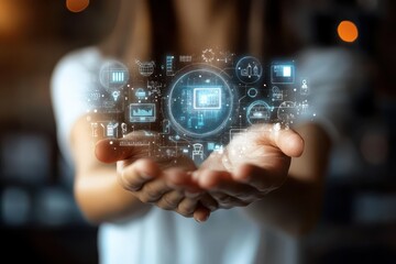 Hand of woman holding a hologram of educational reform, showcasing personalized learning paths, AI-driven tutoring, and digital classroom management tools.