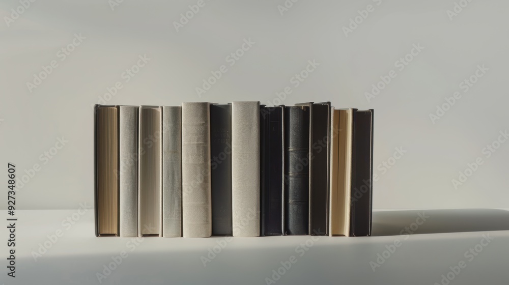 Poster row of old books is standing on a shelf with a white background, creating a minimalist and timeless 