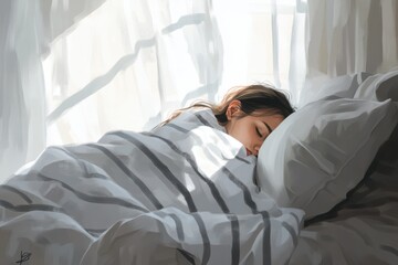 Obraz premium woman sleeping in bed, wrapped up in a striped white and grey blanket