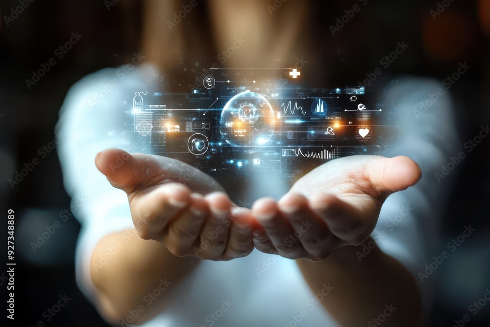 Poster hand of woman holding a hologram of healthcare innovation, showcasing telemedicine, wearable health 
