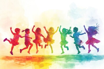 Obraz premium Watercolor Illustration of Children Jumping in a Rainbow Formation