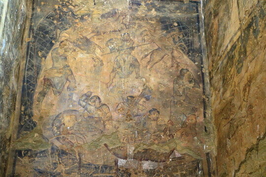 Early Islamic painting on the wall of the desert castle Qasr Amra, Jordan