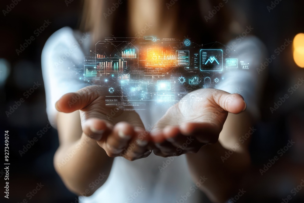Poster hologram display. futuristic digital interface hologram in hands techn