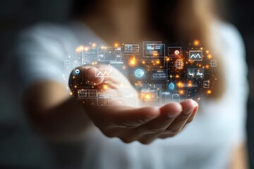 Hand of woman holding a hologram of legal technology, displaying AI-driven contract analysis, digital case management, and online dispute resolution platforms.