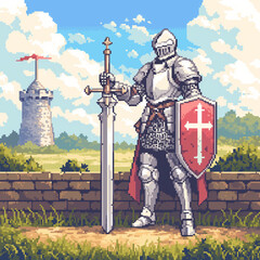 Obraz premium Pixel art depiction of a knight in a retro style, ideal for an 8-bit RPG game.