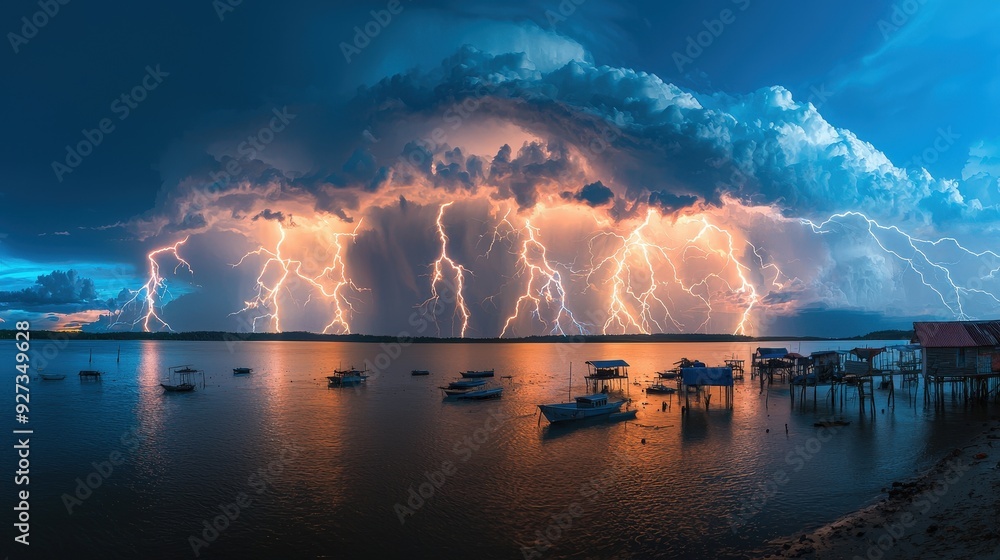 Poster multiple lightning bolts flashing simultaneously during a powerful catatumbo storm