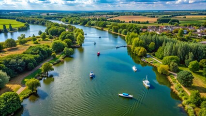 Fototapeta premium Aerial drone footage captures serene Caldecotte Lake in Milton Keynes, England, on August 21st, 2023, showcasing boats gently gliding across the tranquil water amidst lush greenery.