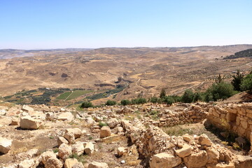 landscape in a valley among mountains (Madaba, Jordan) Mount Nebo near amman