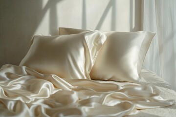 Elegant silk pillowcases gracefully arranged on a soft bed with natural light streaming through a window