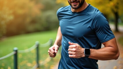 Fototapeta premium Runner checking smart watch to monitor fitness progress during an outdoor workout