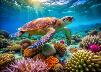 Obraz premium A solitary green turtle swims calmly amidst vibrant coral and sea anemones in the crystal-clear turquoise waters of the Great Barrier Reef, Australia.