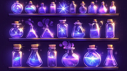 Highly detailed mobile game assets of a potion bottle, crafted from translucent, multi-colored glass, filled with a luminous, swirling liquid in shades of blue and purple.