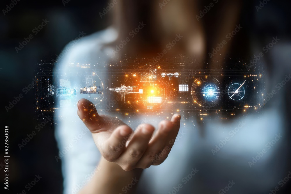 Poster hand of woman holding a hologram of space technology, featuring satellite communication networks, sp