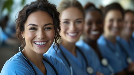 Obraz premium Diverse group of nurses shares joyful moment, smiling brightly, showcasing camaraderie and teamwork