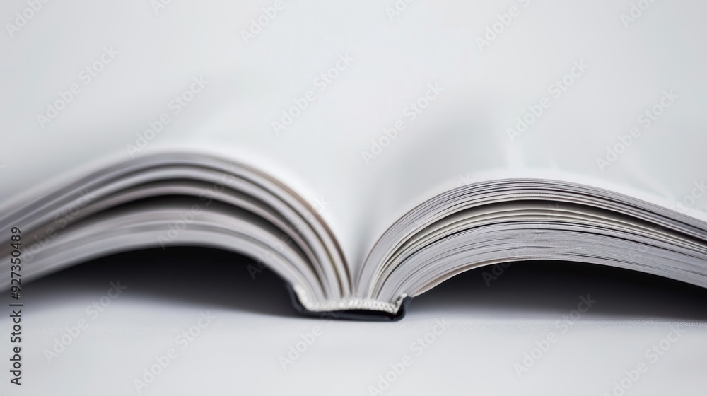 Poster white table holds an open book with blank pages and the spine facing the viewer