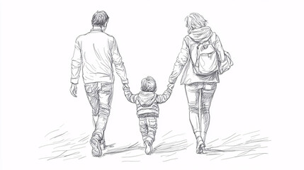 A simple line art illustration of a family walking hand in hand, depicting love, togetherness, and unity.
