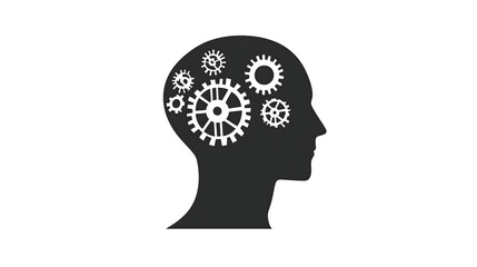 Black silhouette of a head with gears inside, isolated on a white background This vector illustration is a logo design icon symbol for mental health or positive thinking concepts