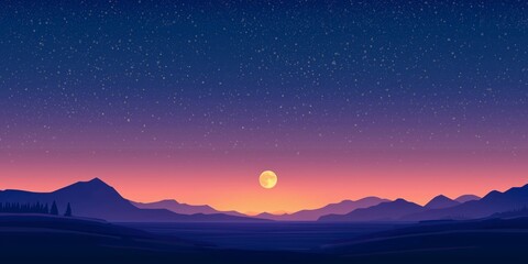 Fototapeta premium A beautiful night sky with a full moon and stars. The sky is purple and the mountains in the background are also purple. The scene is peaceful and serene, with the moon