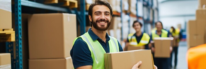 A man wearing a safety vest is smiling as he carries a box. He is surrounded by other people who are also wearing safety vests