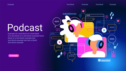 Concept of podcast, radio, broadcasting.. Icon composition with microphone, recording audio, listening talk or interview in mobile podcasting application.