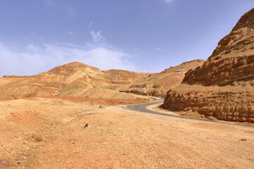 mountain area landscape around the Ma'in hot springs in Jordan (mountain waterfalls with hot water and steam)
