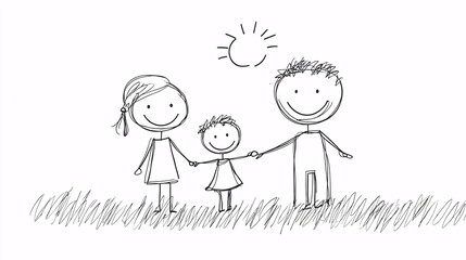 Simple line drawing of a stick figure family with two parents and one child, representing love, togetherness, and family values.