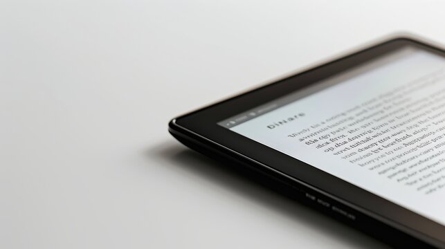 Contemporary e-reader showcases text against a white backdrop, merging tech and literature for easy reading on the move