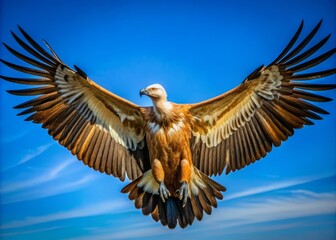 Obraz premium Majestic Griffon Vulture spreads broad wings, soaring effortlessly against a bright blue sky, its feathered body a masterclass of ancient, rugged elegance in flight.