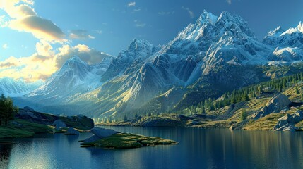 Fototapeta premium Majestic mountain range with snow-capped peaks reflected in a serene lake.