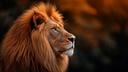 Fototapeta premium Close up portrait of a lion with a blurred background, looking to the right.