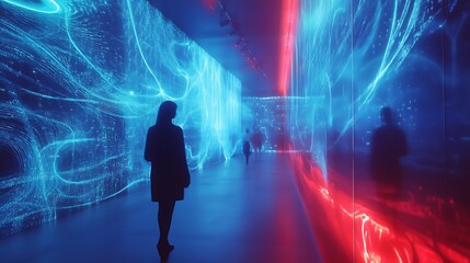 High-tech urban art gallery with interactive holographic exhibits and AI-driven curation