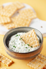 Benedictine spread. Cream cheese with cucumber and spring onions. United States cuisine. Copy space