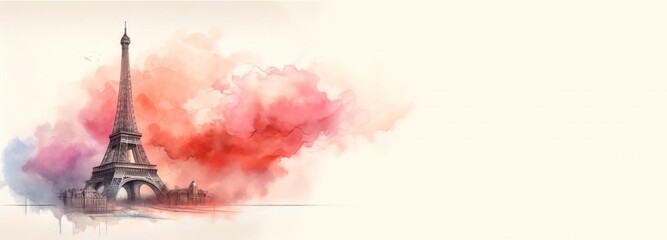 Watercolor illustration of the Eiffel Tower, Paris, with colorful splashes on a white background, perfect for tourism, travel agencies, holiday cards, or French-themed designs. Ideal for Bastille Day 