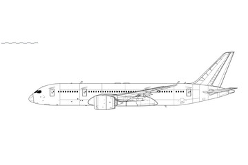 Boeing 787-8 Dreamliner. Vector drawing of passenger jet airliner. Side view. Image for illustration and infographics.