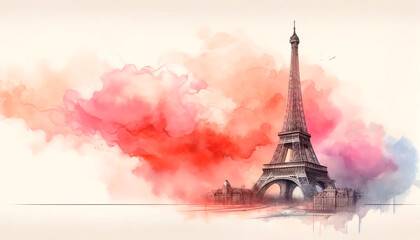 Watercolor illustration of the Eiffel Tower, Paris, with colorful splashes on a white background, perfect for tourism, travel agencies, holiday cards, or French-themed designs. Ideal for Bastille Day 