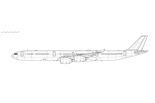 Airbus A340-600. Vector drawing of long-range, passenger jet airliner. Side view. Image for illustration and infographics.