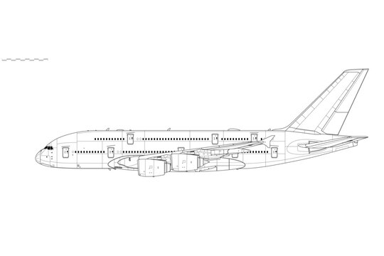 Airbus A380-800. Vector drawing of long-range, passenger jet airliner. Side view. Image for illustration and infographics.