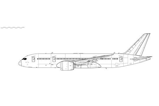 Boeing 787-8 Dreamliner. Vector drawing of passenger jet airliner. Side view. Image for illustration and infographics.