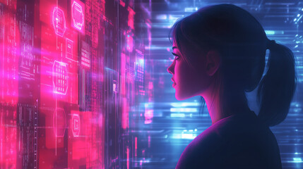 girl in profile, looking at digital data in a cyberpunk style, with pink and blue colors, and a background featuring neon lights and code lines