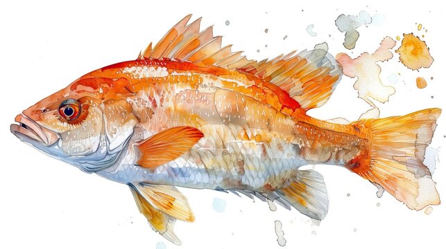 A watercolor illustration of a northern red snapper fish is isolated on a white background, depicting its vibrant colors and details.