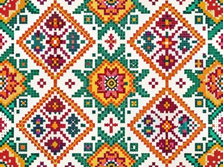 Intricate Aztec-inspired geometric pattern featuring floral motifs in a seamless repeat, rendered in vibrant pixel art style on a crisp white background, perfect for textiles and designs.