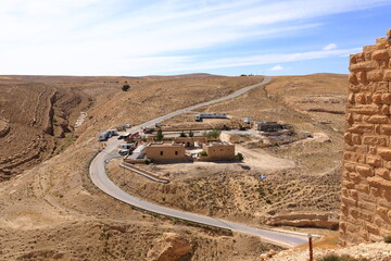 Panoramic view at the nature near ruins of Shobak castle and the city of Montreal in Jordan