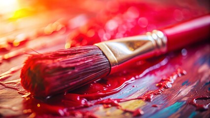 Fototapeta premium A close-up of a red paintbrush dipped in crimson paint, resting on a palette with vibrant colors spread across it, illuminated by soft natural light.