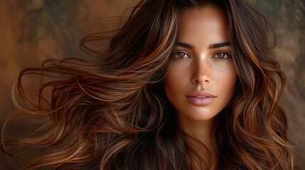 Naklejka premium Portrait of a Beautiful Brunette Woman with Long, Flowing Hair, Natural Beauty and Makeup