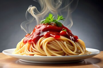 Vibrant red ketchup swirls around a heaping serving of steaming hot spaghetti pasta, piled high on a crisp white plate, against a clean background.