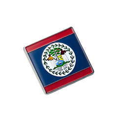 An isolated enamel pin featuring the flag of Belize. Iconic blue background with red borders and the white circular emblem displaying the national coat of arms, isolated on transparent background PNG