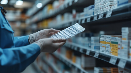 a pharmacist wearing lab coat in a modern pharmacy drugstore., selecting a medicine for customer.