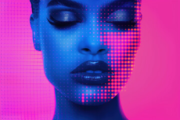 A striking portrait of a woman with a colorful digital overlay, blending beauty and technology in a captivating visual expression.